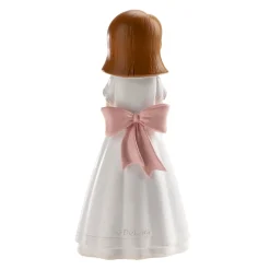 Figura Tarta Comunión Niña con Rosario y Lazo Rosa 16 cm
