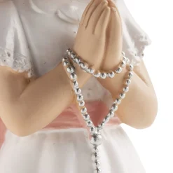 Figura Tarta Comunión Niña con Rosario y Lazo Rosa 16 cm