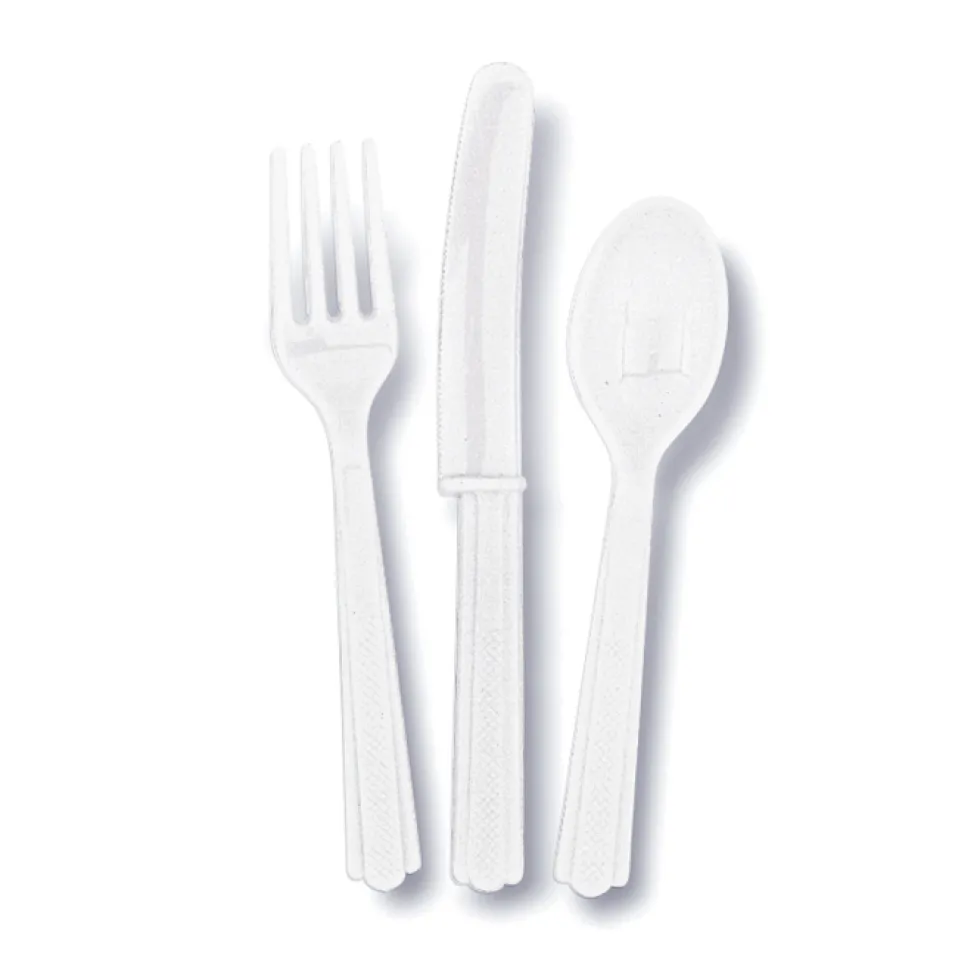 Juego de 18 Cubiertos de Plástico Blancos
