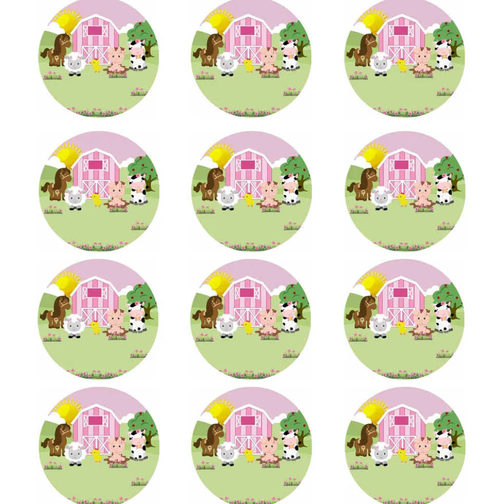 Juego de 12 Impresiones de 6 cm en Papel Comestible Animales Granja