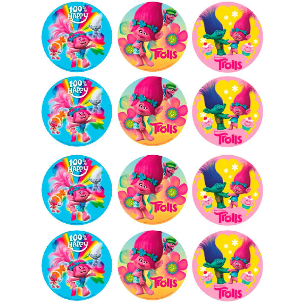 Juego de 12 Impresiones en Papel de Azúcar Trolls