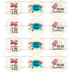 Juego de 12 Impresiones en Papel de Azúcar Verano Modelo C 6 cm