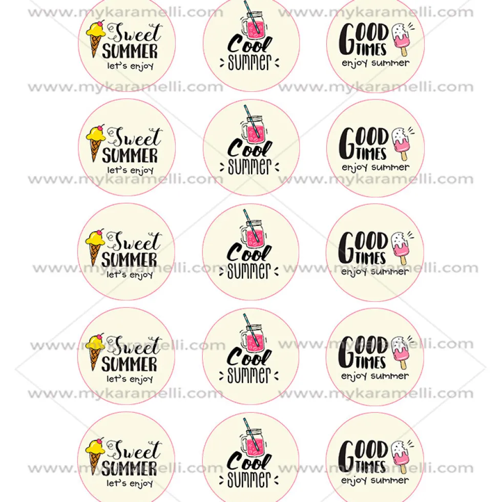 Juego de 15 Impresiones en Papel de Azúcar Verano Modelo D 5 cm