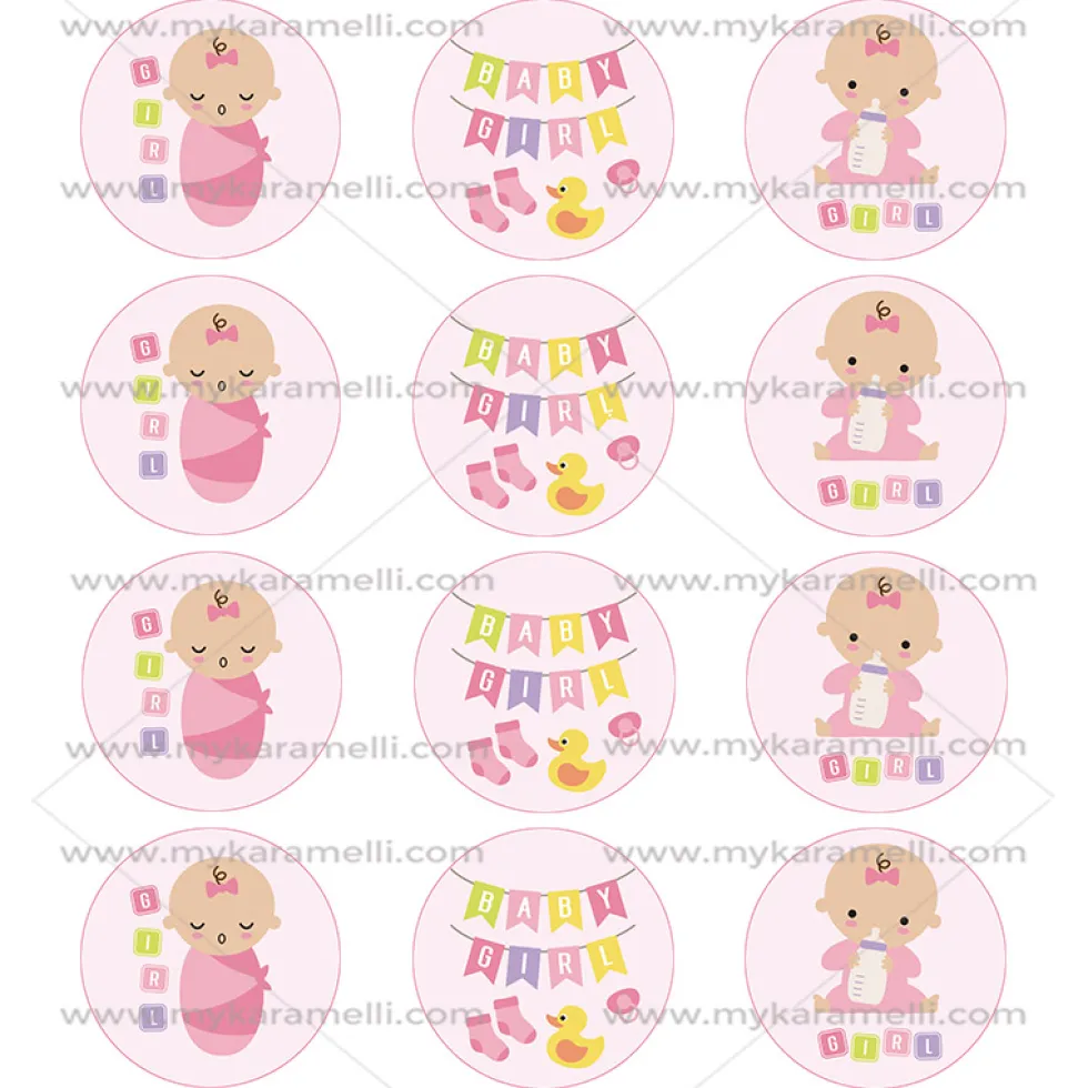 Juego de 12 Impresiones en Papel de Azúcar Baby Girl Modelo A 6 cm