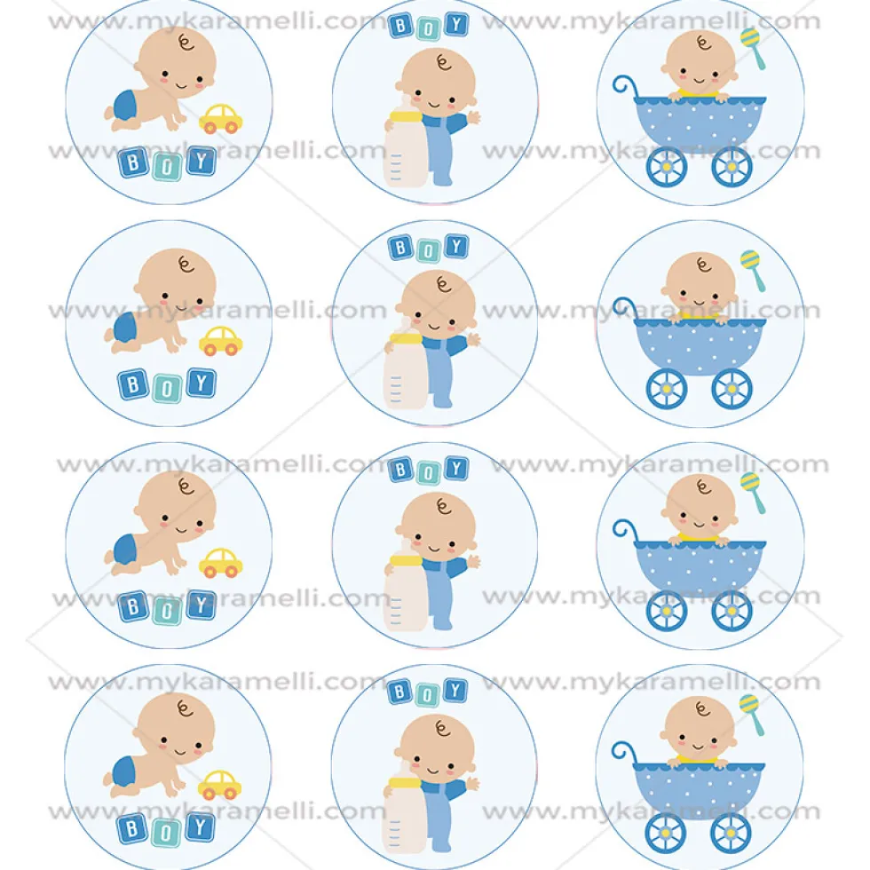 Juego de 12 Impresiones en Papel de Azúcar Baby Boy Modelo B 6 cm