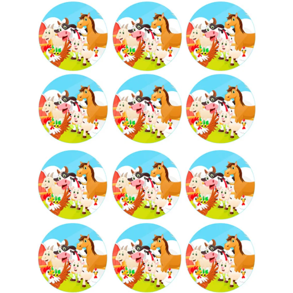 Juego de 12 Impresiones en Papel de Azúcar Animales de la Granja