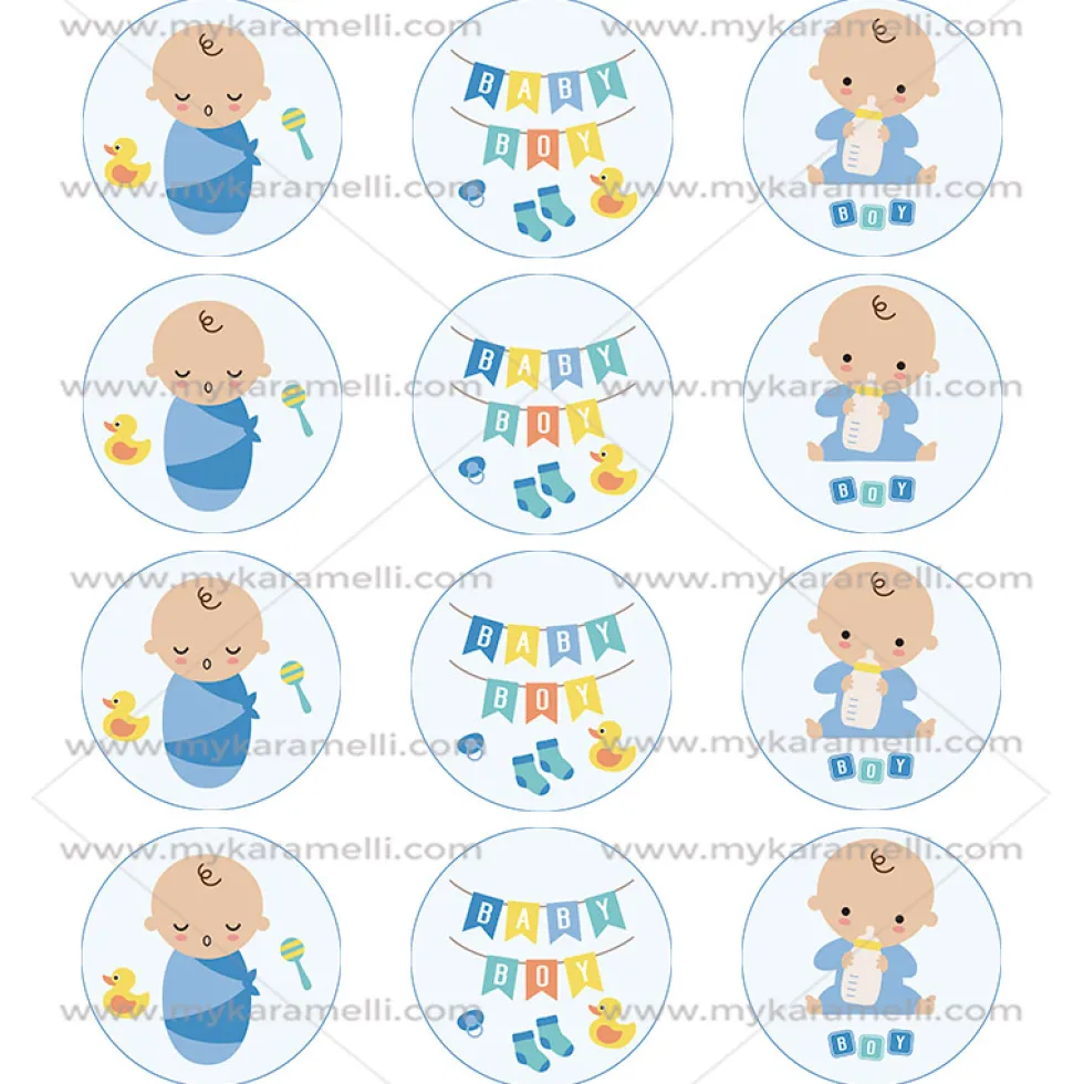 Juego de 12 Impresiones en Papel de Azúcar Baby Boy Modelo A 6 cm