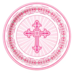 Juego de 8 Platos Comunión Cruz Rosa 22 cm