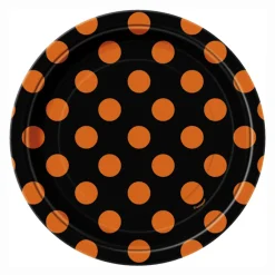 Juego de 8 platos negros con lunares naranjas 17cm