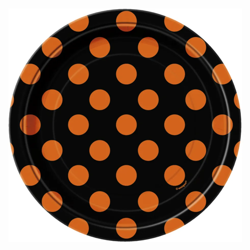 Juego de 8 platos negros con lunares naranjas 17cm