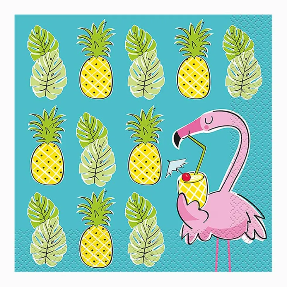 Juego de 16 Servilletas Flamingo y Piñas