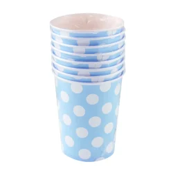 Juego de 8 vasos azules con lunares blancos