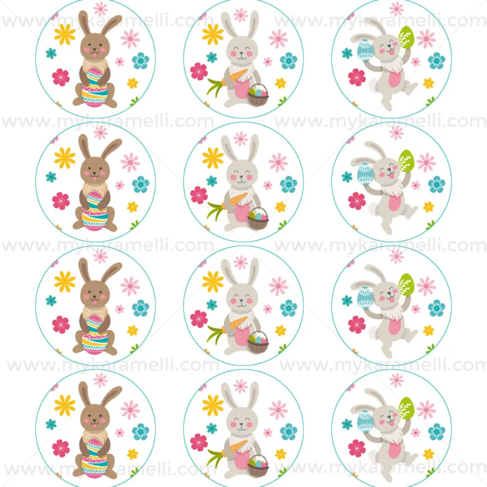 Juego 12 Impresiones Papel Comestible Conejitos de Pascua 6 cm