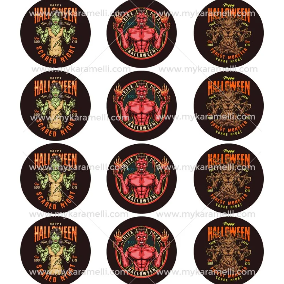 Juego 12 Impresiones Papel Comestible Halloween Monsters B 6 cm