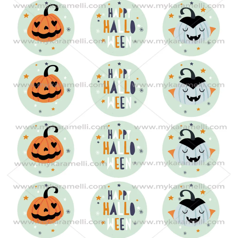 Juego 12 Impresiones Papel de Azúcar Happy Halloween 6 cm
