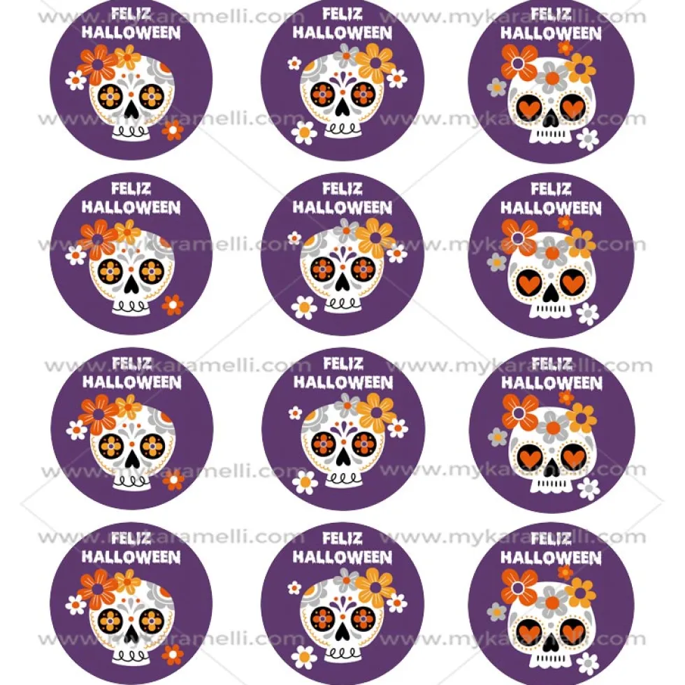 Juego 12 Impresiones Papel de Azúcar Catrinas Halloween 6 cm