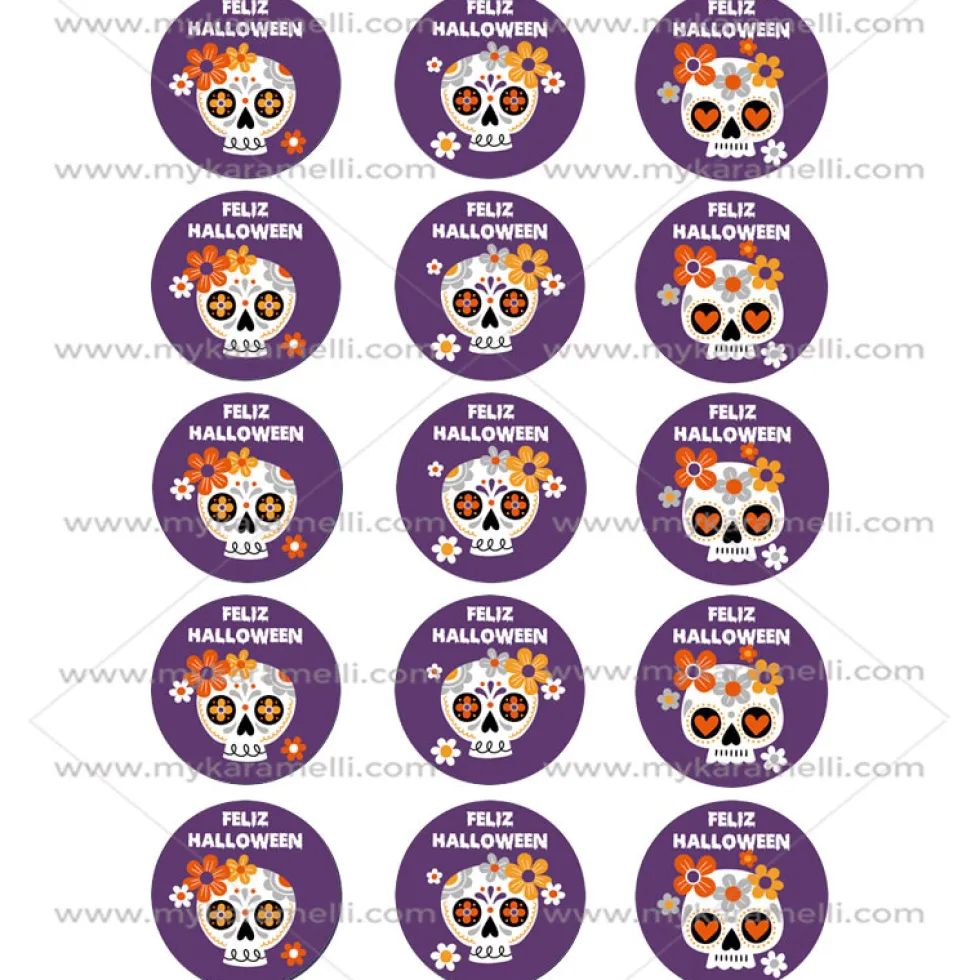 Juego 15 Impresiones Papel de Azúcar Catrinas Halloween 5 cm