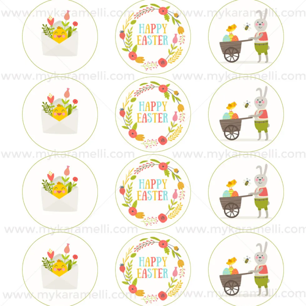 Juego 12 Impresiones Papel de Azúcar Logo Happy Easter B 6 cm