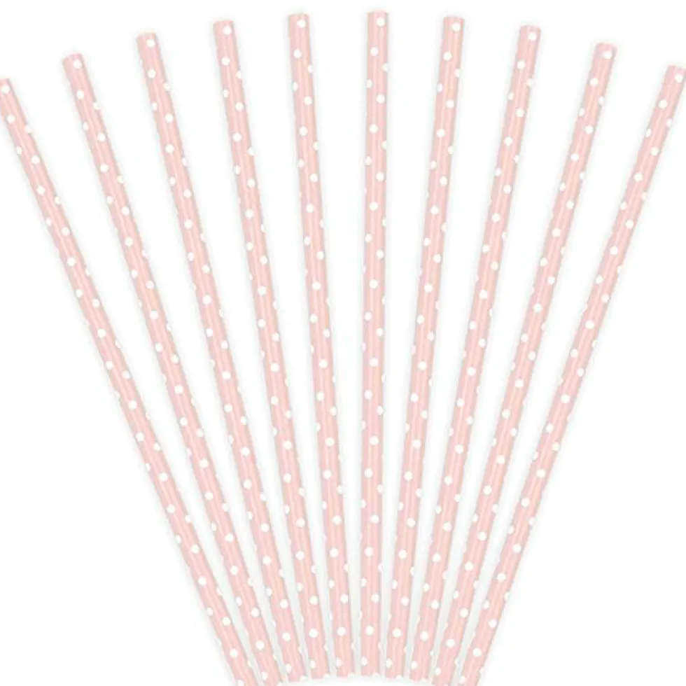 Pack de 10 Pajitas de Papel Rosa Bebé con Lunares Blancos