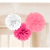 Pompones de papel blanco, rosa y fucsia