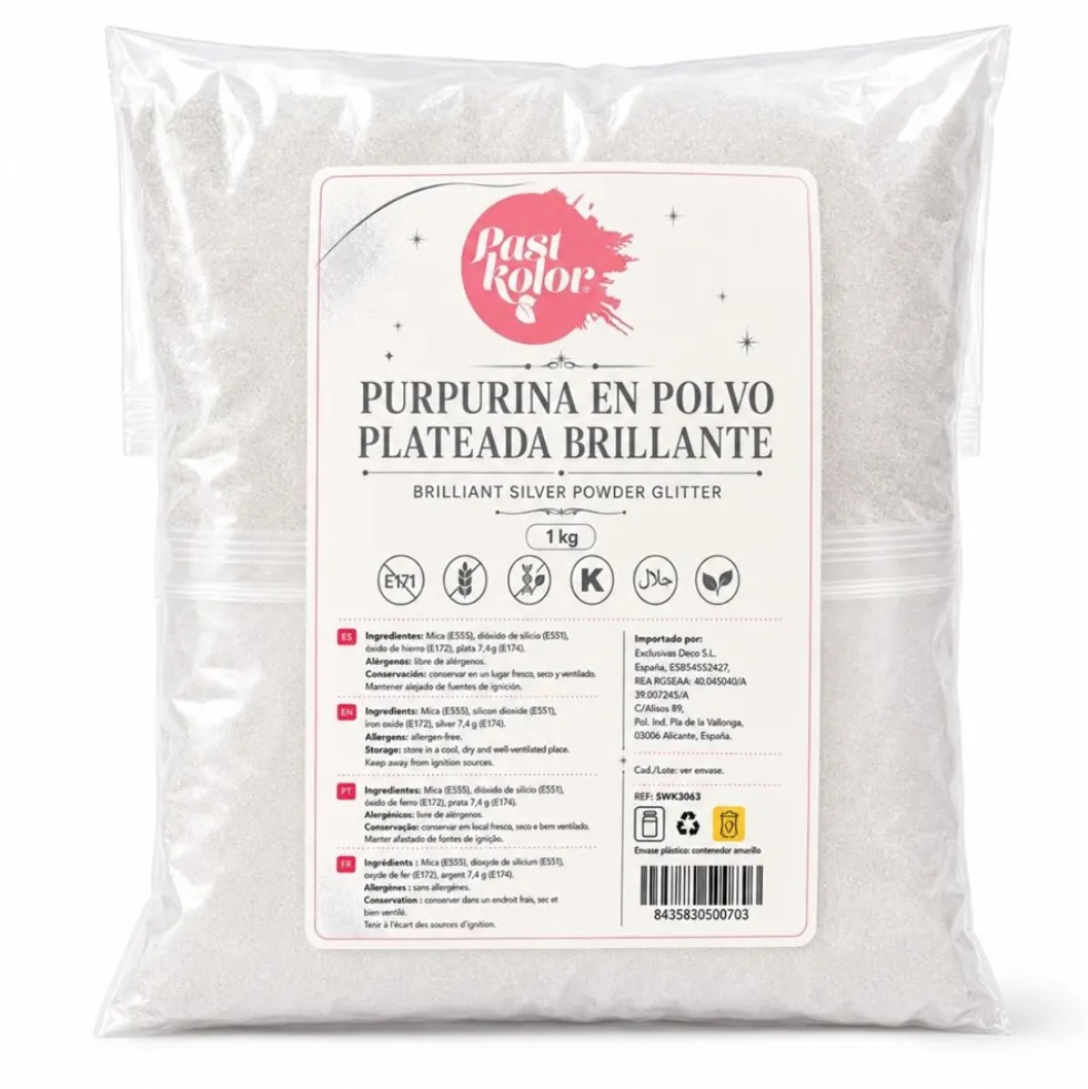 Purpurina En Polvo Plateada Brillante Pastkolor - 1 Kg