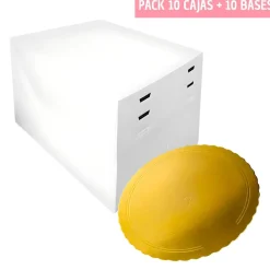 Set 10 Cajas para Tarta Alturas Ajustables + Bases Redondas Dorada - 28 cm