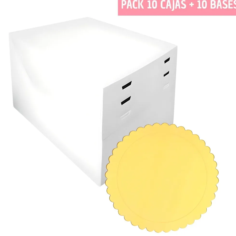 Set 10 Cajas para Tarta Alturas Ajustables + Bases Redondas Dorada - 18 cm