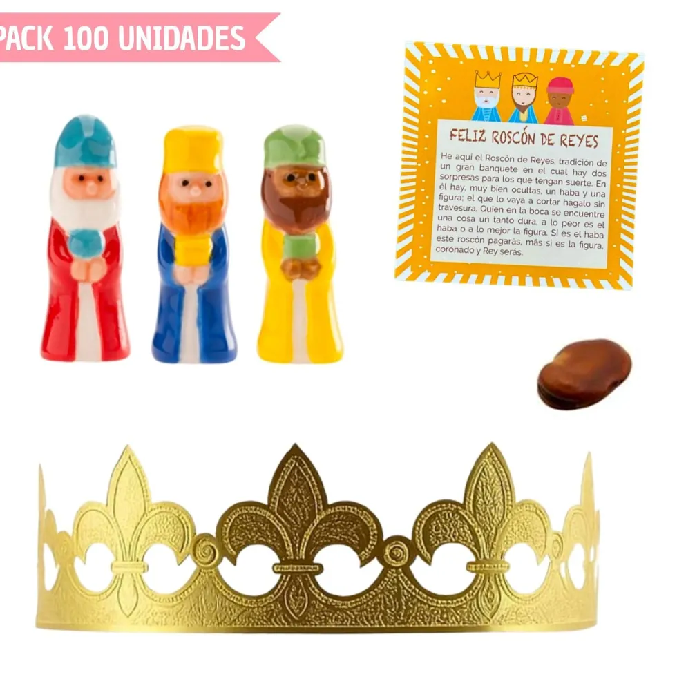 Set Roscón - Corona Oro, Rey Porcelana, Haba y Tarjeta (100 Unidades)