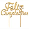 Topper para Tarta de Madera Feliz Cumpleaños Dorado 13 cm