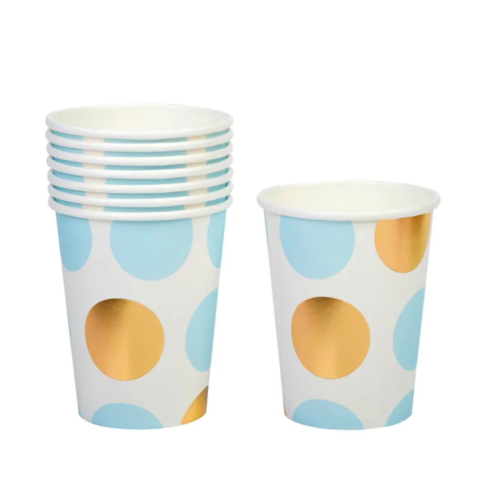 Vasos Blancos con Lunares Azules y Dorados