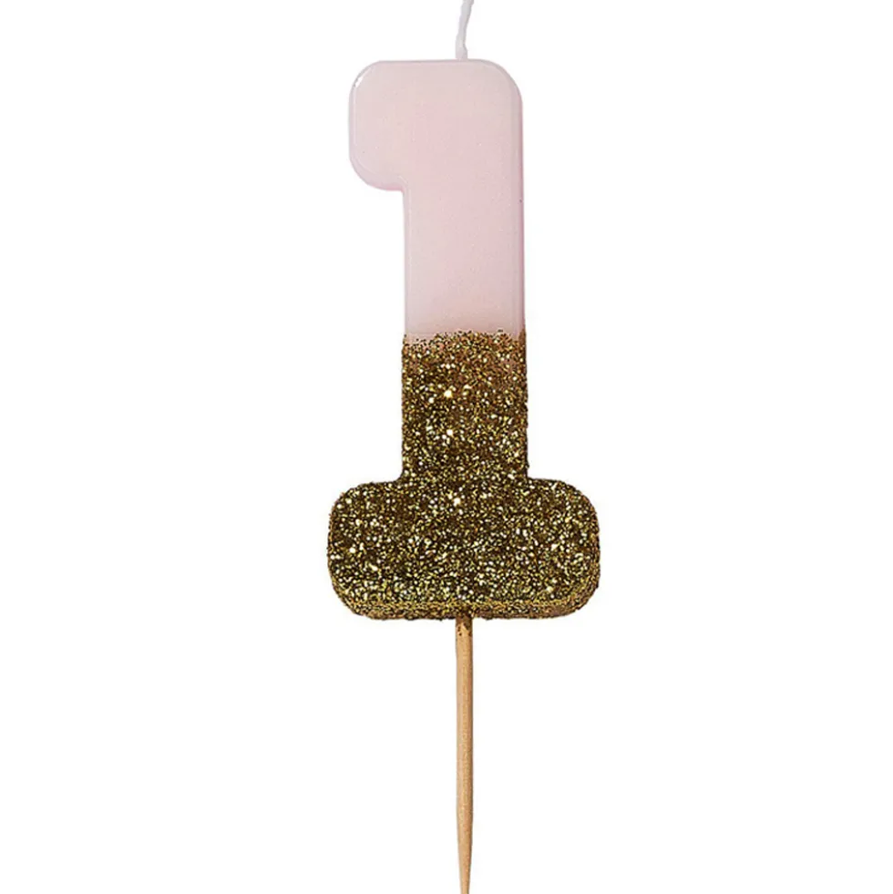 Vela Nº 1 Rosa Claro y Dorada 12 cm
